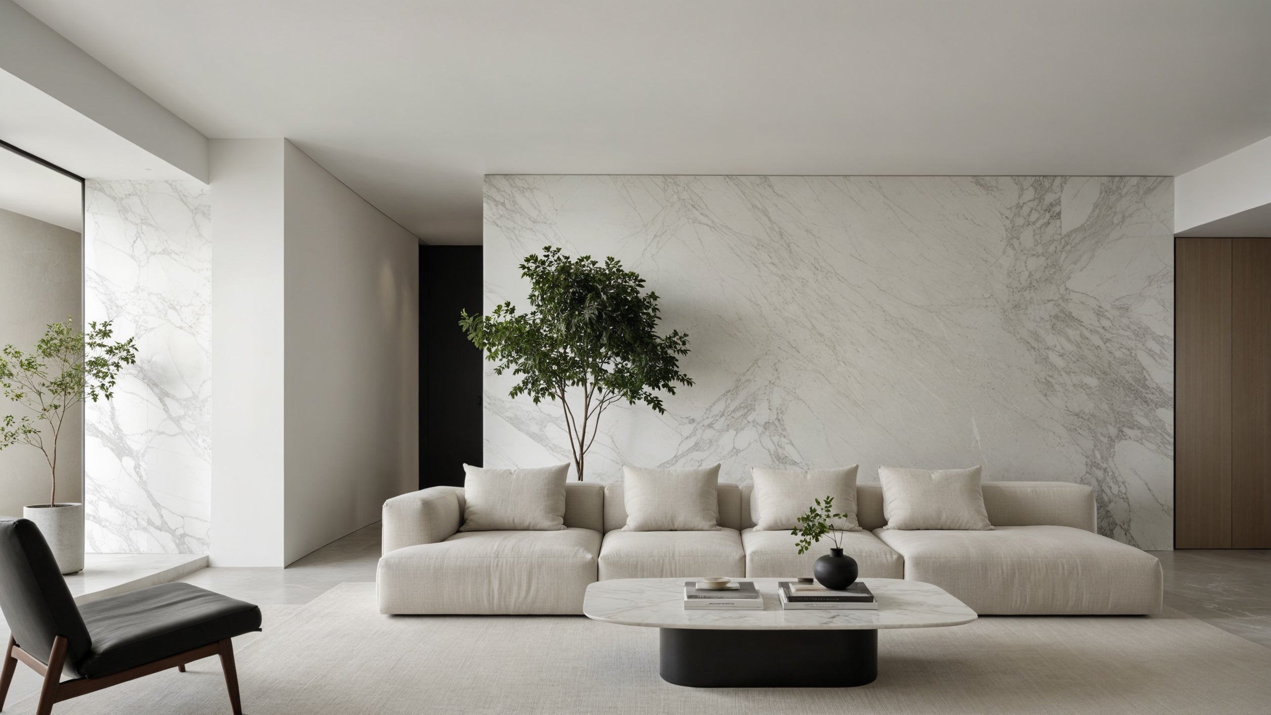 Spacious modern living room featuring a large off-white sofa set against an expansive Calacatta marble feature wall with subtle grey veining, and a potted tree adding a touch of nature.