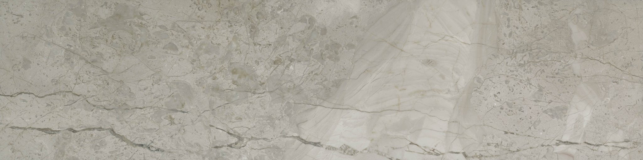 Downloadable high-resolution light grey stone texture set, displaying various views of its complex veining, mottling, and fossiliferous patterns, for digital printing systems.