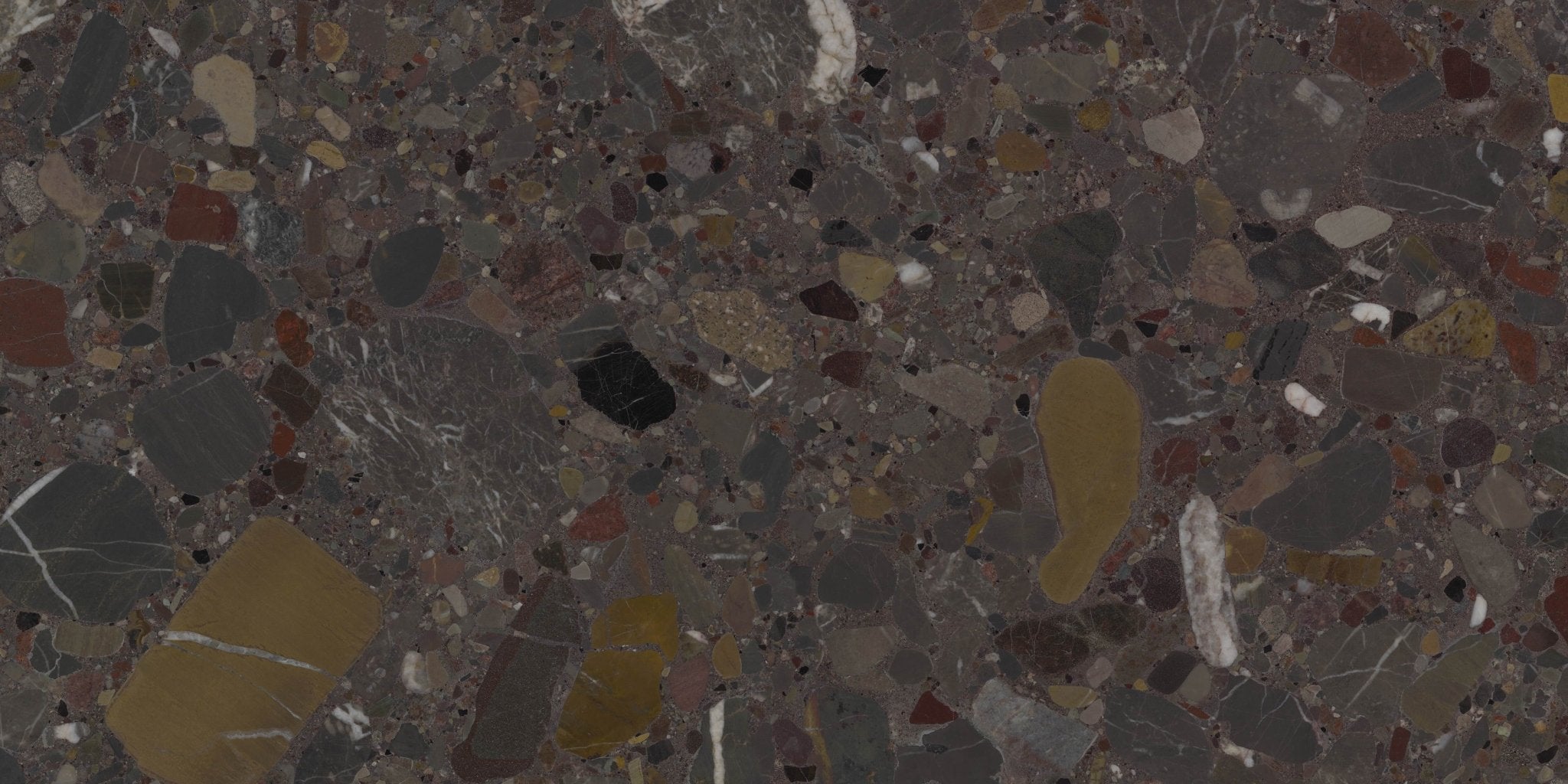 Downloadable high-resolution terrazzo style texture set, featuring diverse multi-colored stone fragments in a dark composite base, for digital printing systems.