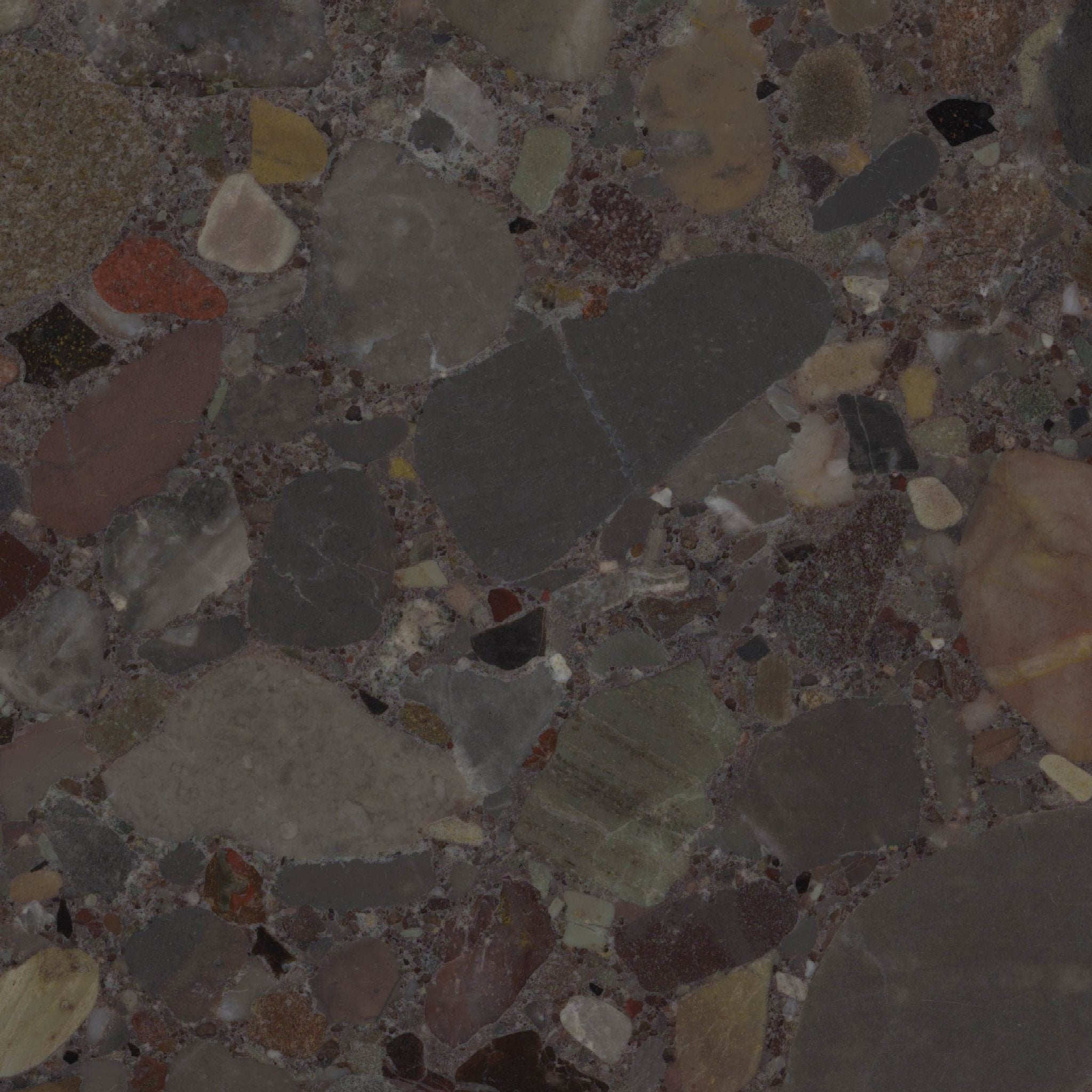 Downloadable high-resolution terrazzo style image, close-up detail of diverse multi-colored stone fragments and textures within a dark binding matrix, for digital printing systems.