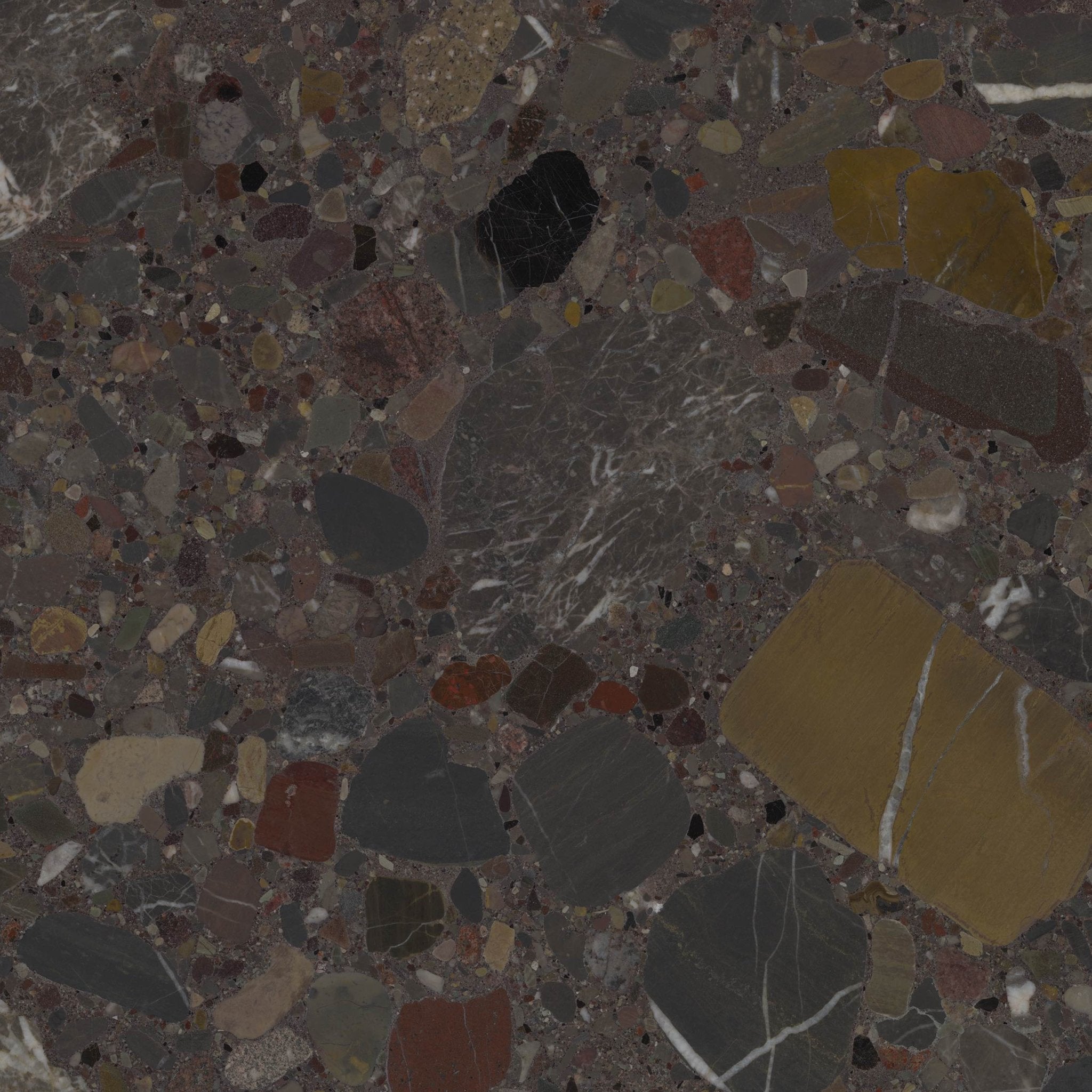 Downloadable high-resolution terrazzo style image, featuring a composite texture with multi-colored stone fragments in a dark matrix, for digital printing systems.