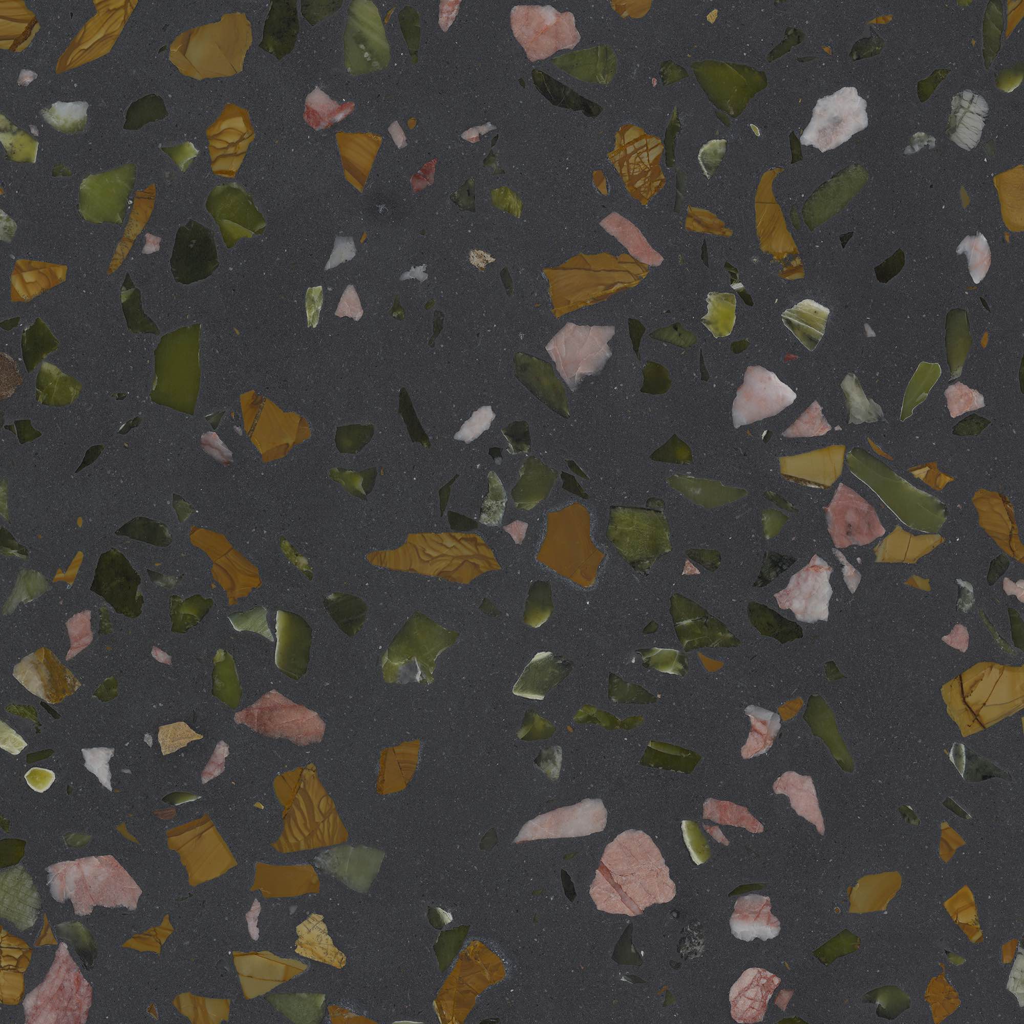 Downloadable high-resolution dark terrazzo style image, featuring a charcoal grey base with embedded green, pink, and amber fragments, for digital printing systems.