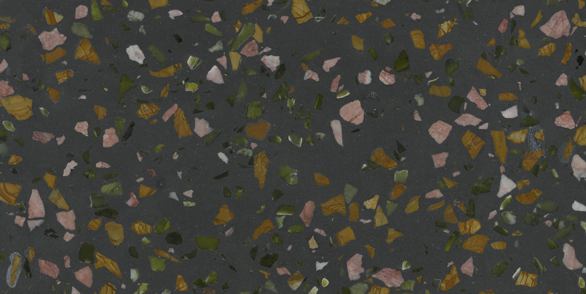 Downloadable high-resolution dark terrazzo style texture set, displaying various views of its charcoal base with multi-colored fragments, for digital printing systems.