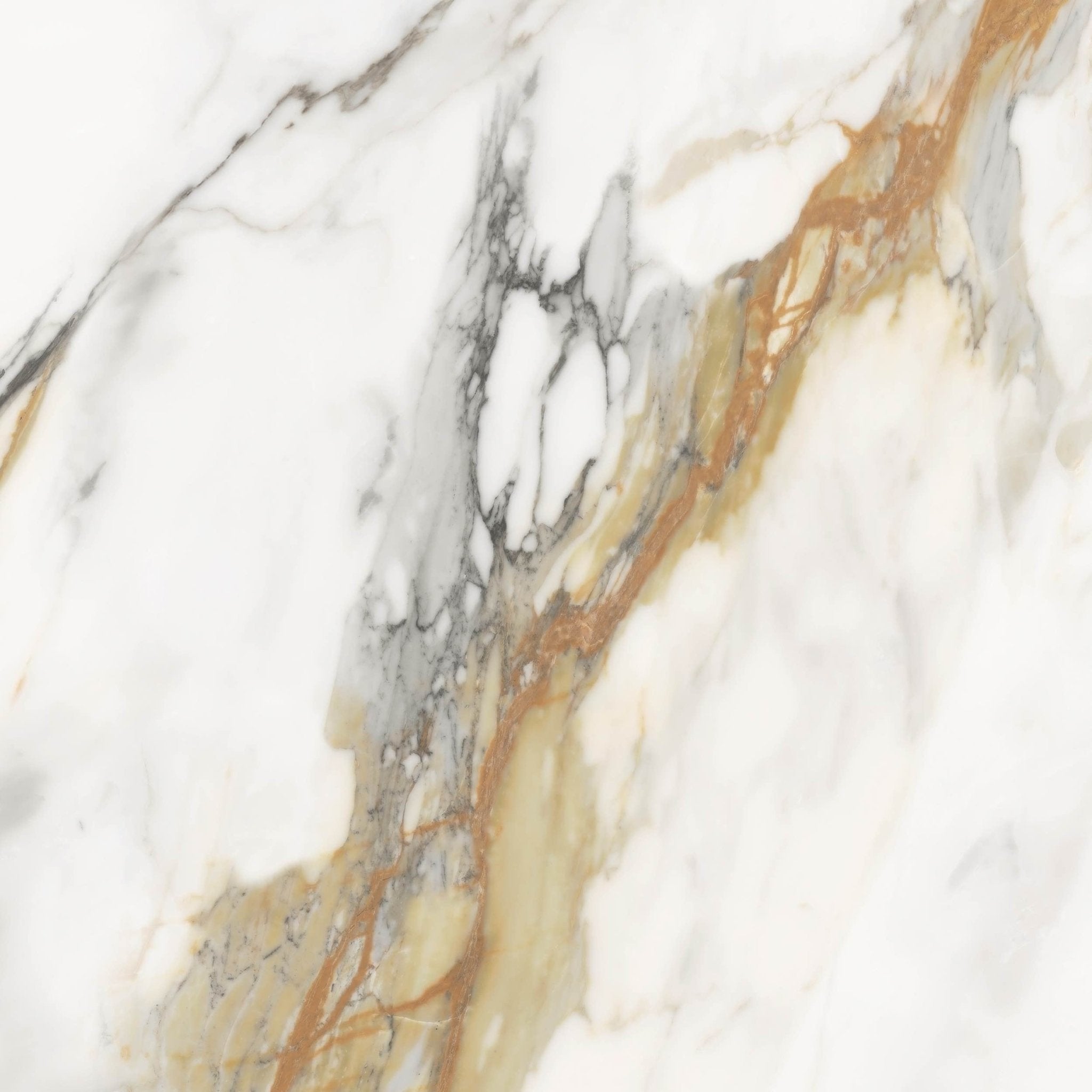 Downloadable high-resolution white marble image, close-up detail of its elegant grey veins beautifully accented with warm golden-brown tones on a white surface, for digital printing systems.