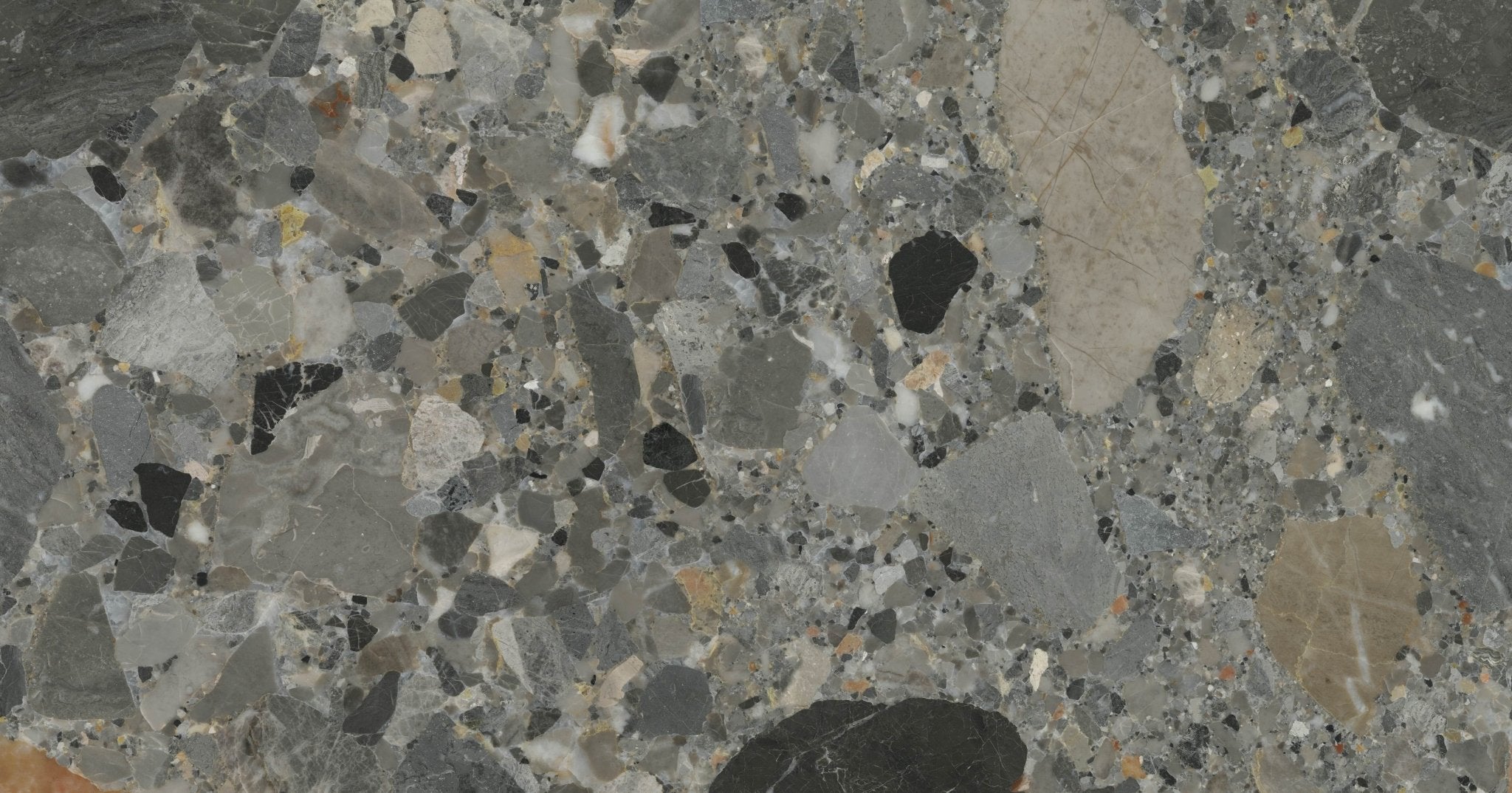 Downloadable high-resolution grey terrazzo style texture set, displaying various views of its composite pattern with large grey, black, and white fragments, for digital printing systems.