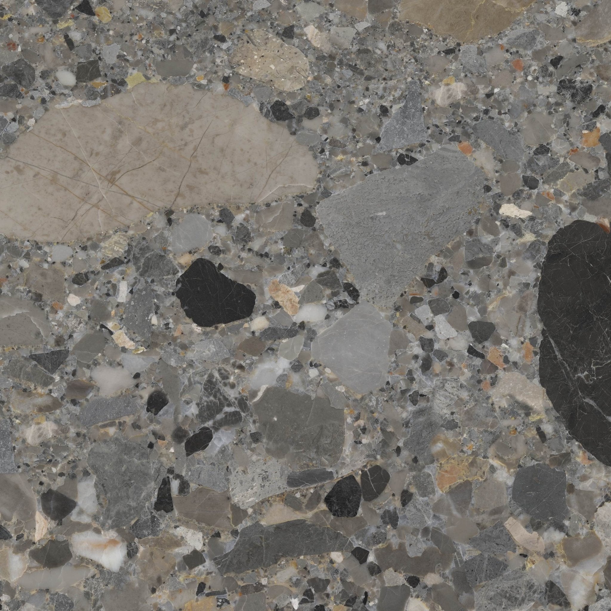 Downloadable high-resolution grey terrazzo style image, featuring large multi-toned grey, black, and white fragments in a cohesive matrix, for digital printing systems.