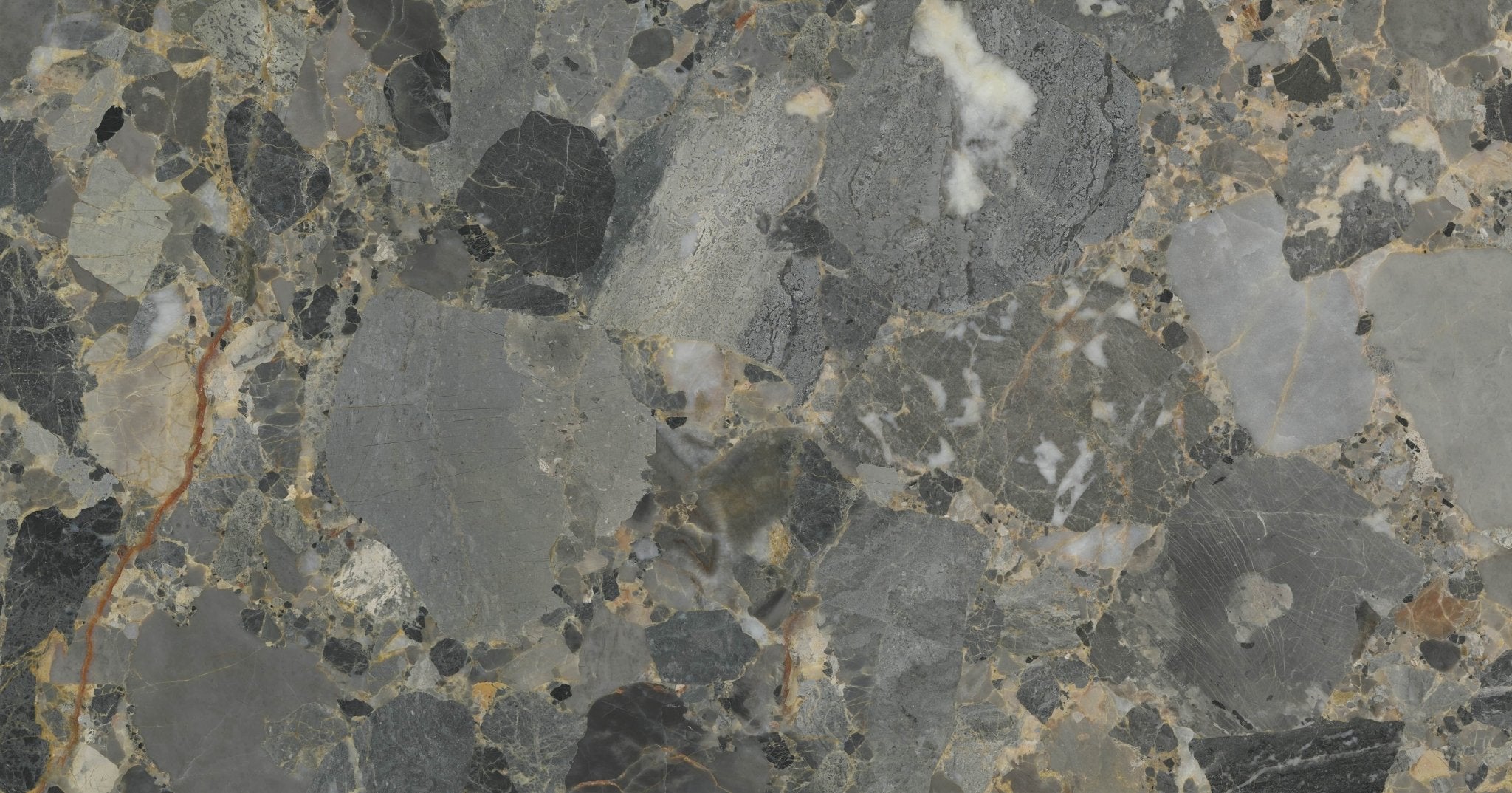 Downloadable high-resolution grey terrazzo style texture set, displaying various views of its composite pattern with large grey, black, and white fragments, for digital printing systems.