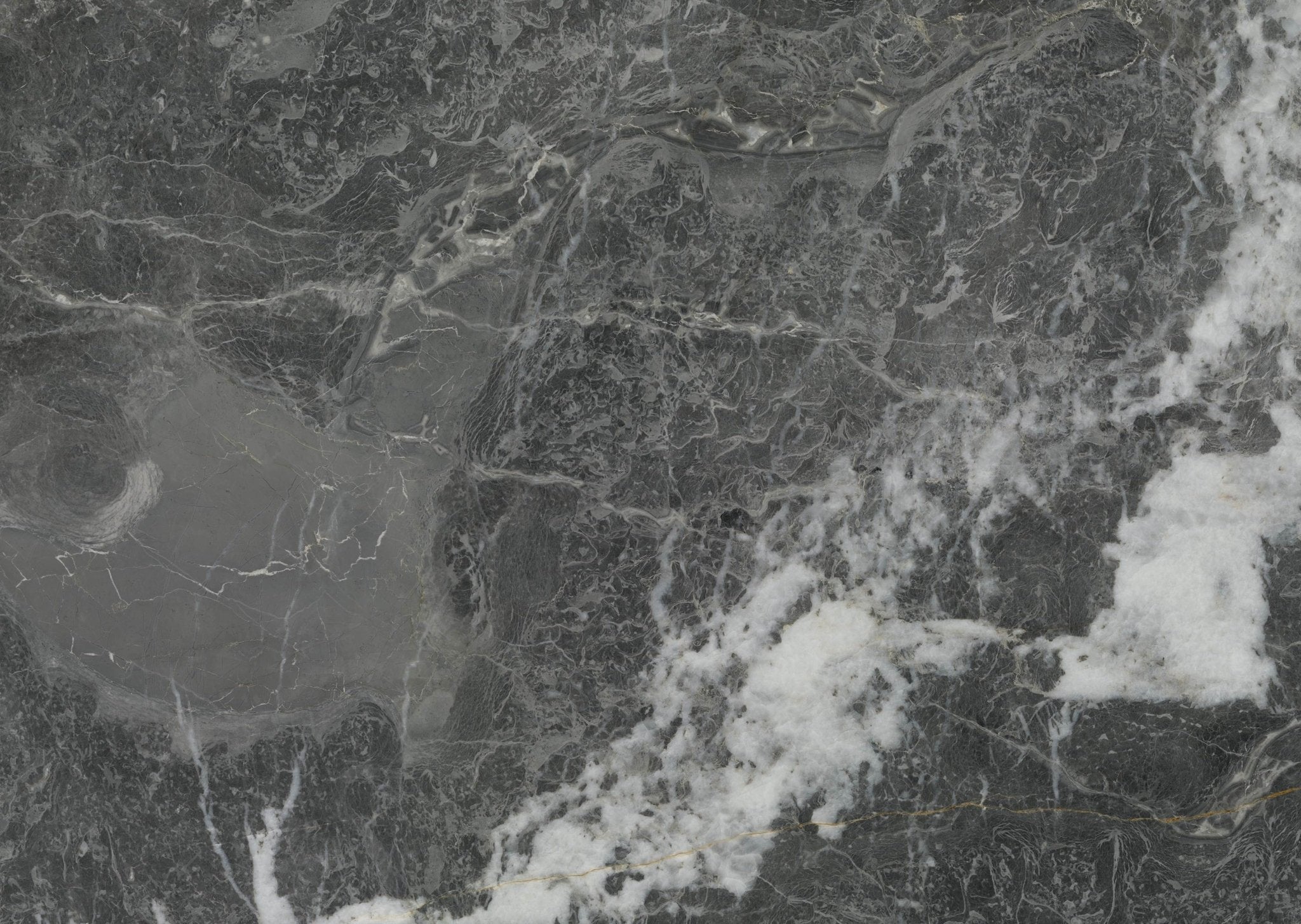Downloadable high-resolution Grey Saint Laurent Marble image, dark grey with striking white and subtle gold veins for digital printing systems.