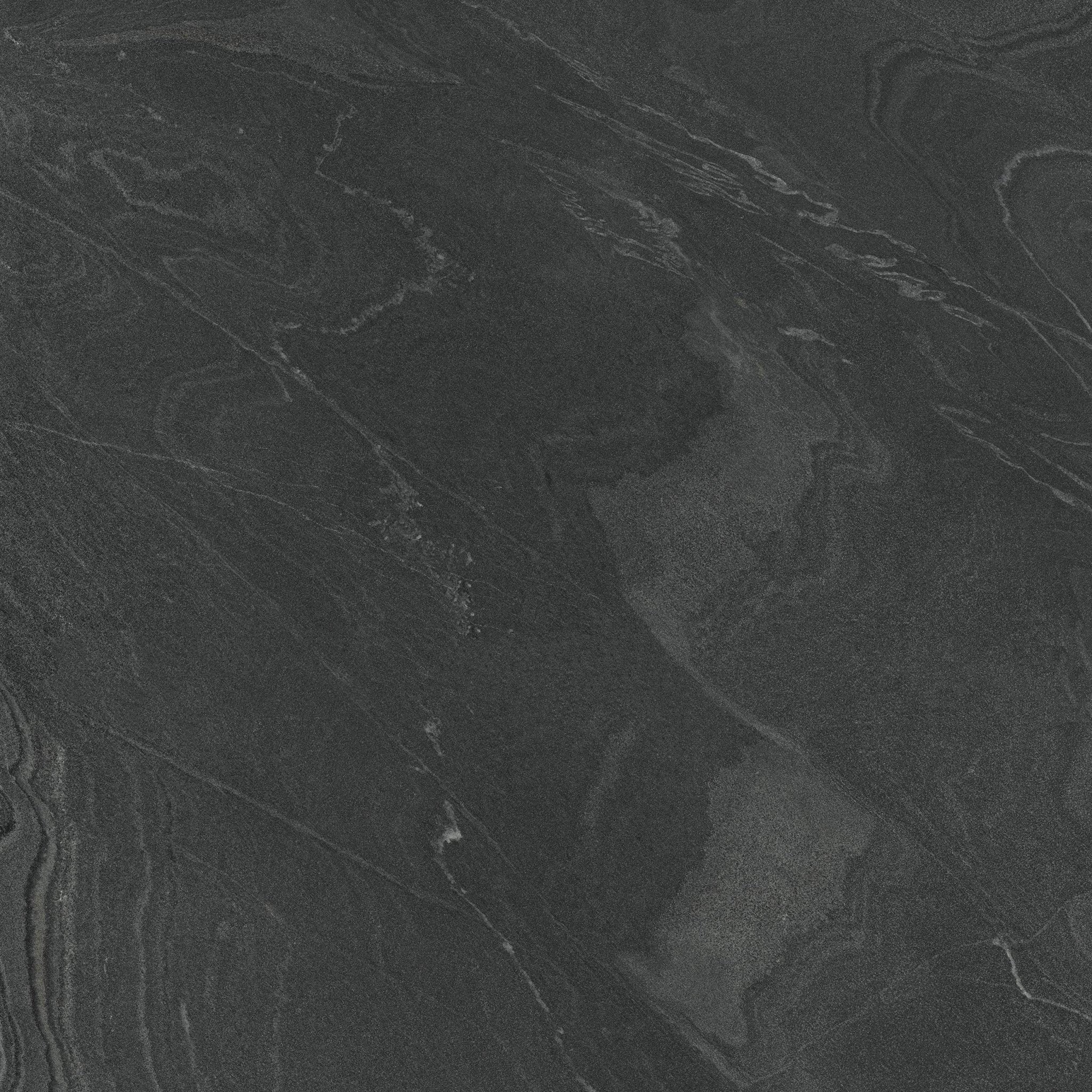 Downloadable high-resolution dark grey stone texture set, displaying various views of its layered patterns and fine granular surface, for digital printing systems.