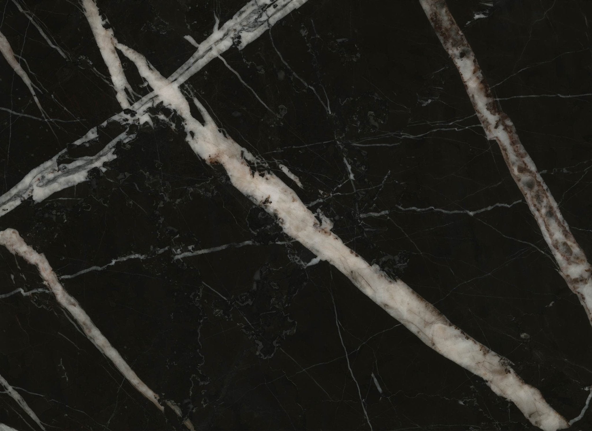 Downloadable high-resolution black marble texture set, displaying various views of its deep dark surface with striking white veining, for digital printing systems.