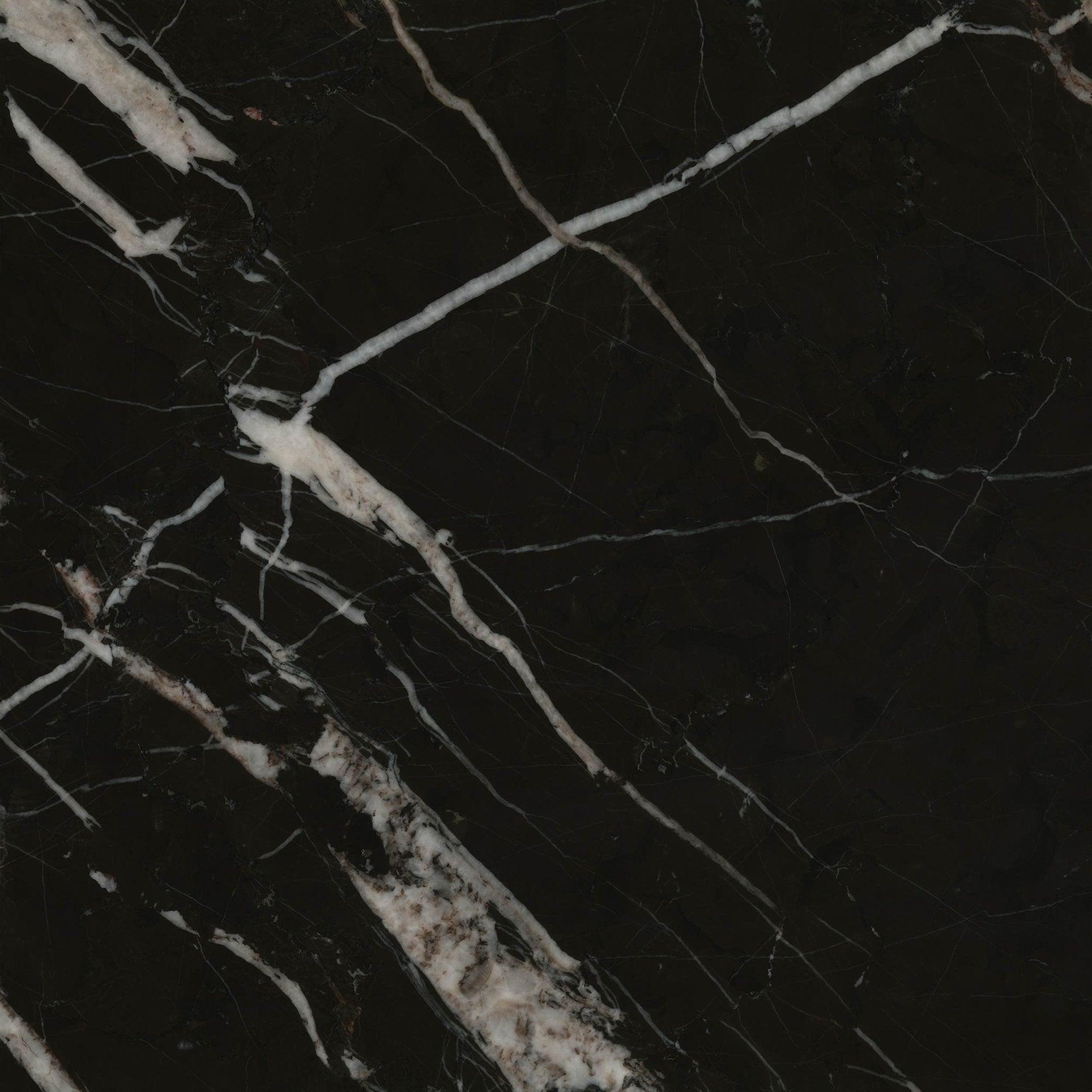 Downloadable high-resolution black marble texture set, displaying various views of its deep dark surface with striking white veining, for digital printing systems.