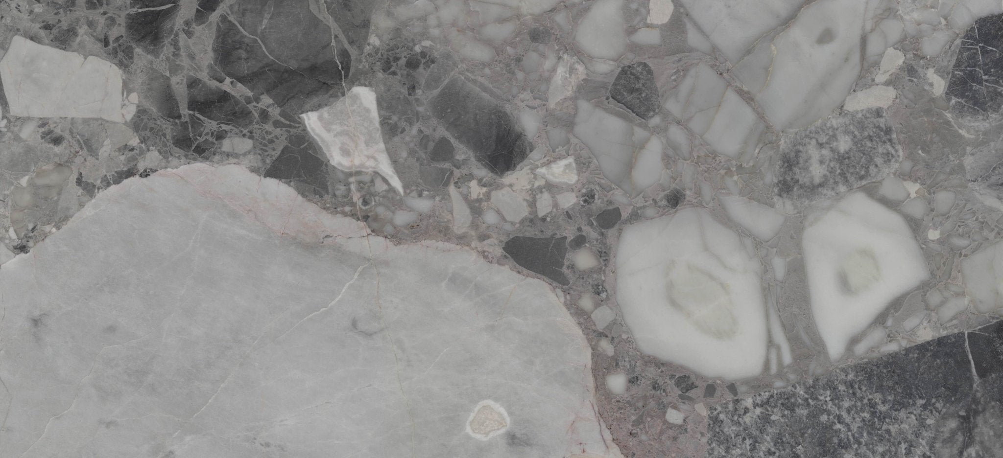 Downloadable high-resolution brecciated marble texture set, displaying various views of its grey and white fragmented patterns, for digital printing systems.
