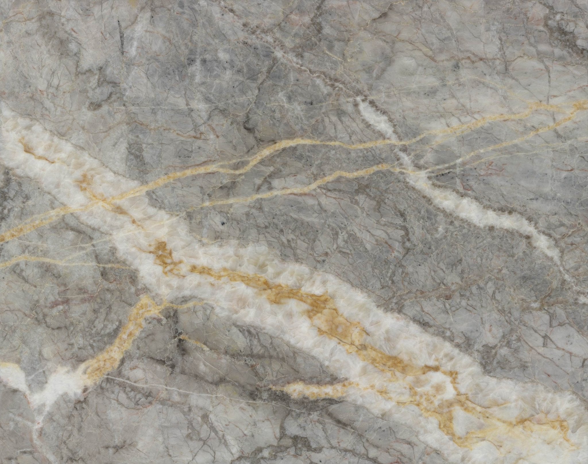 Downloadable high-resolution marble texture set, displaying various views of its grey base with prominent white and golden-yellow veining, for digital printing systems.