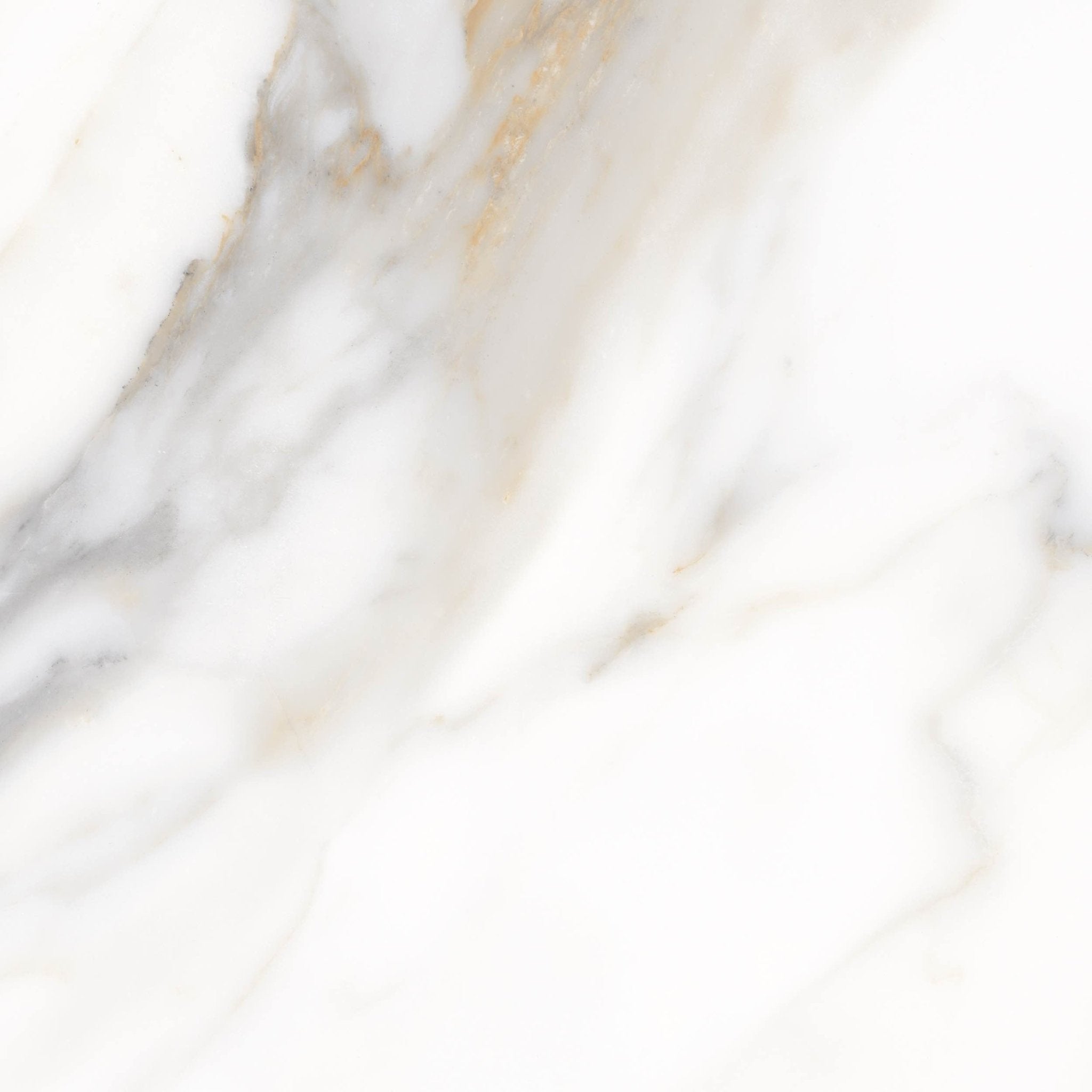 Downloadable high-resolution white marble image, close-up detail of its elegant grey and warm gold veins on a luminous white background, for digital printing systems.