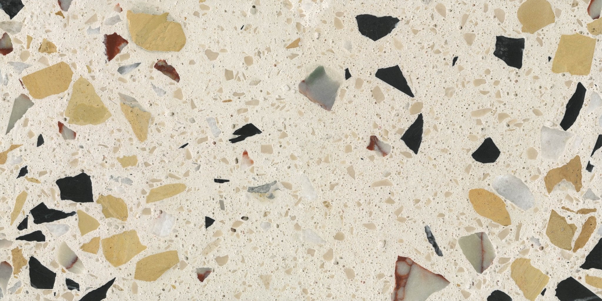 Downloadable high-resolution terrazzo style texture set, displaying various views of its light base with multi-colored stone fragments, for digital printing systems.