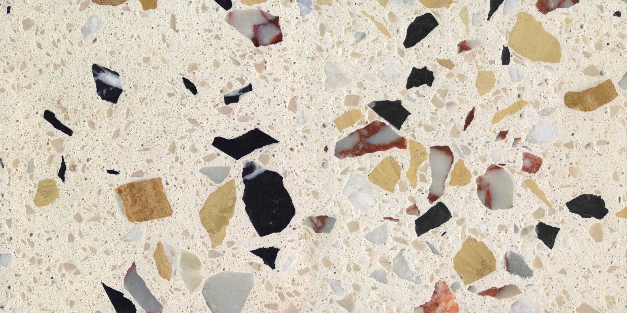 Downloadable high-resolution terrazzo style texture set, displaying various views of its light base with multi-colored stone fragments, for digital printing systems.